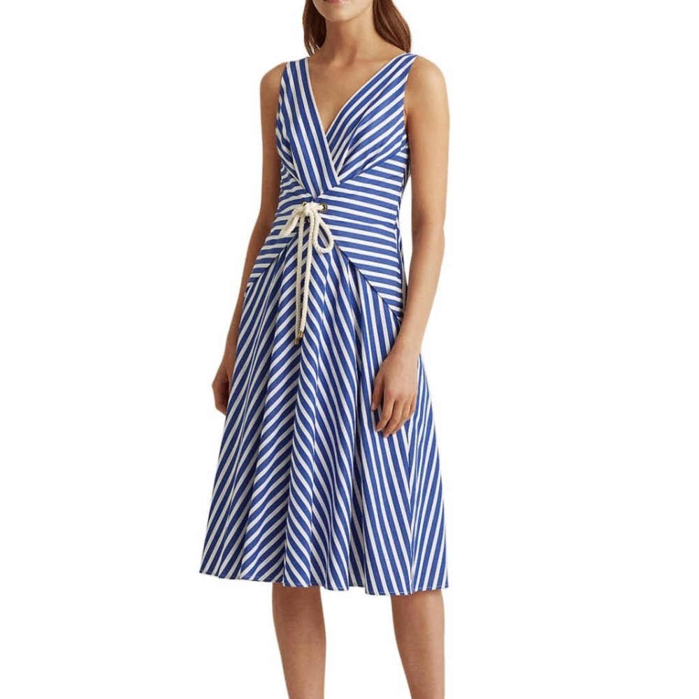Ralph Lauren Coastal Style Blue Striped A-Line Sleeveless Midi Dress - Picture 2 of 13